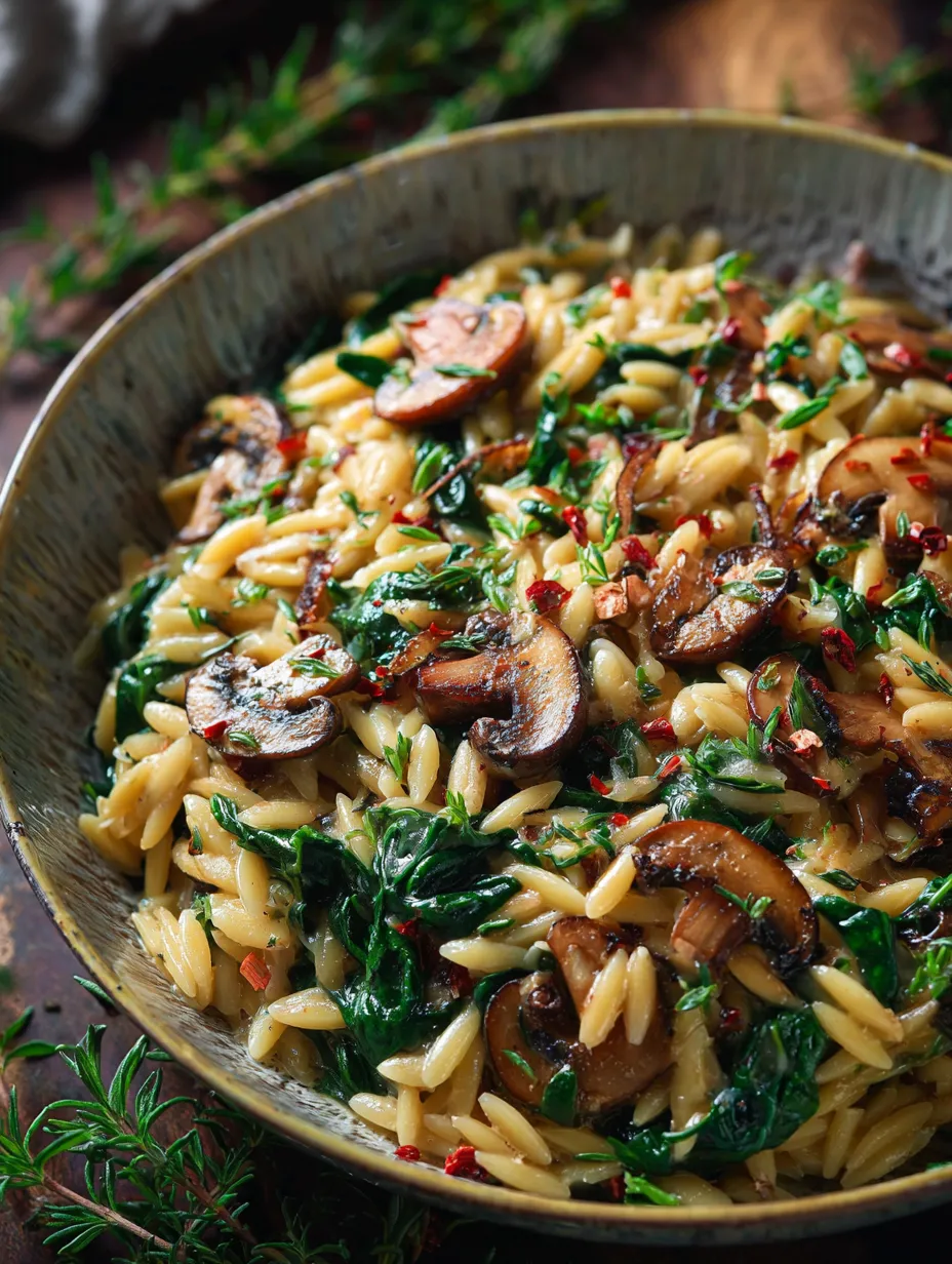 A bowl of pasta with mushrooms and spinach.