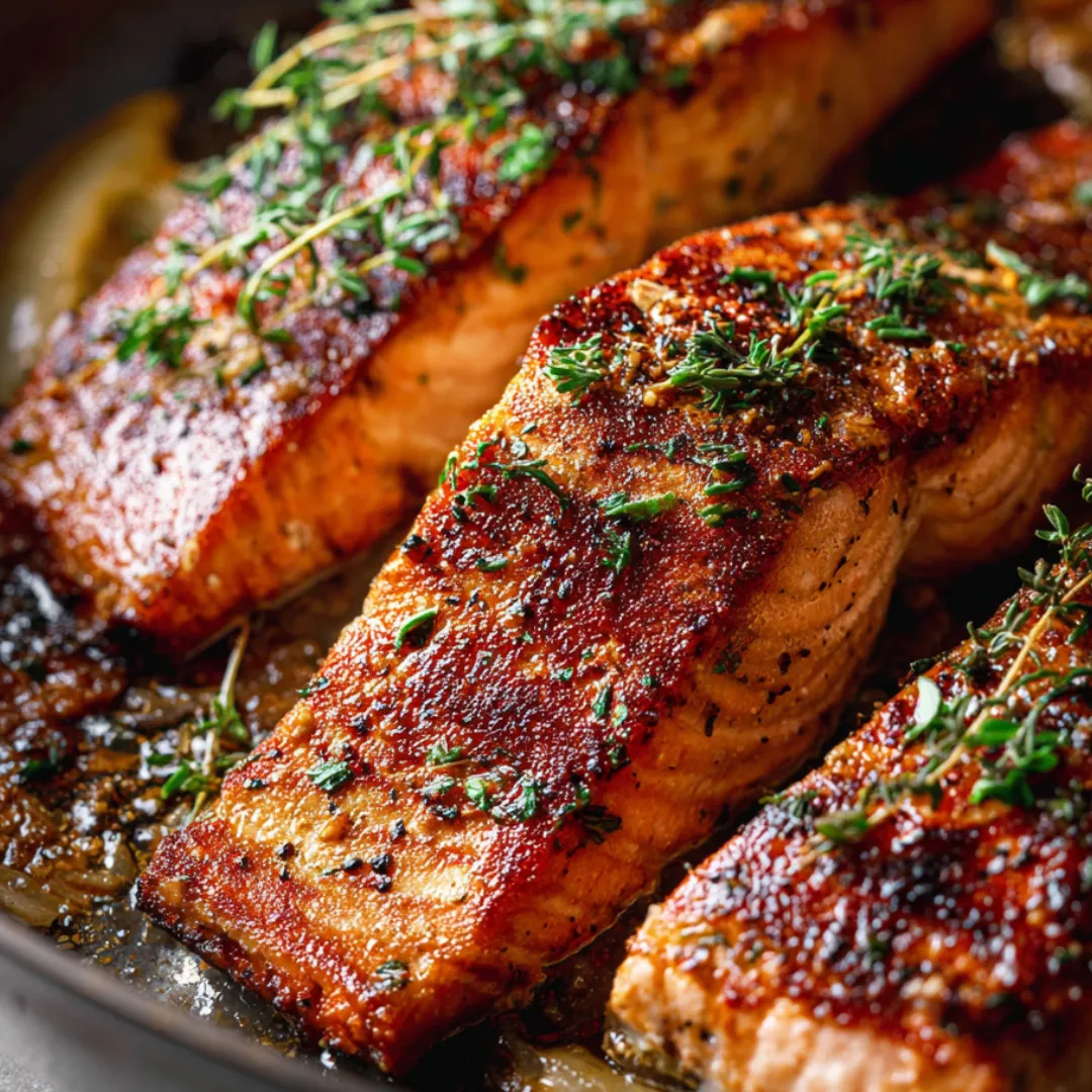 Cooked salmon in a pan with fresh herbs on top.