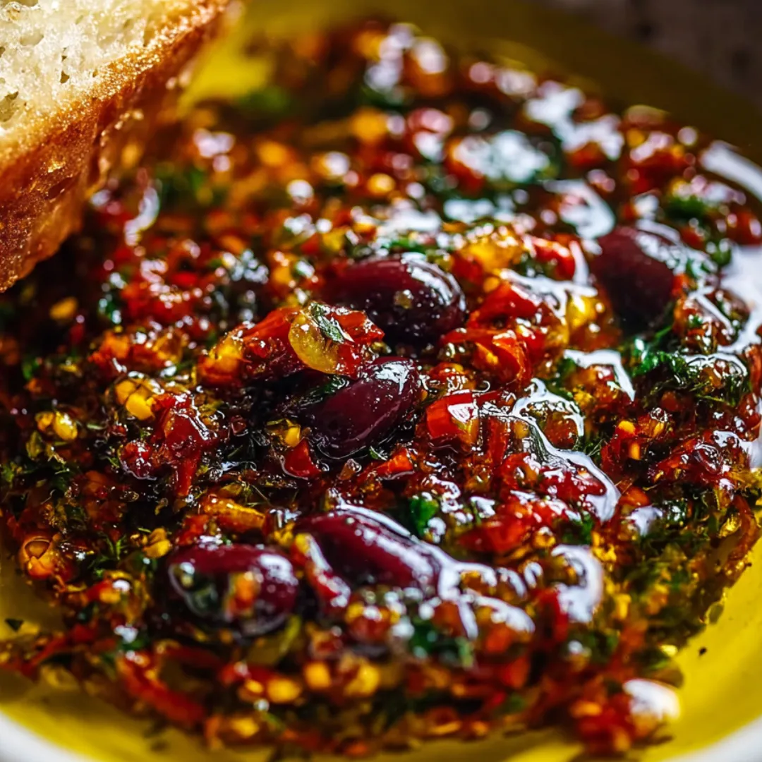 Bright green and golden olive oil in a bowl, with a slice of bread ready to dip.