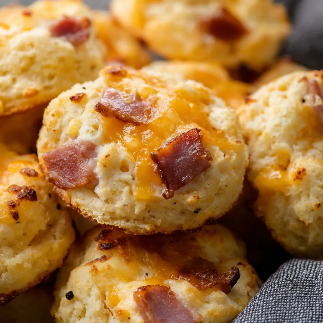 Biscuits with cheese and bacon sitting on a plate.