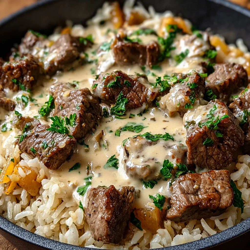A bowl of rice with meat and sauce.
