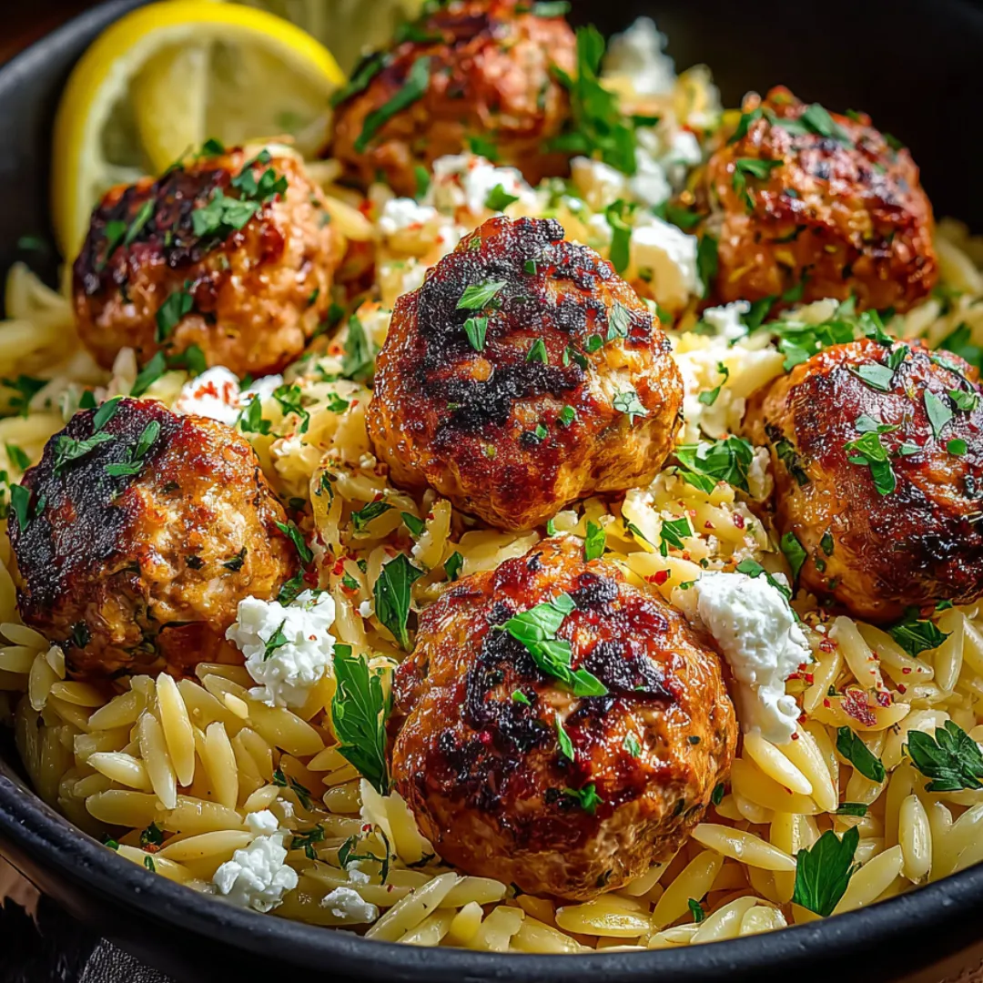 A serving bowl filled with meatballs and orzo.
