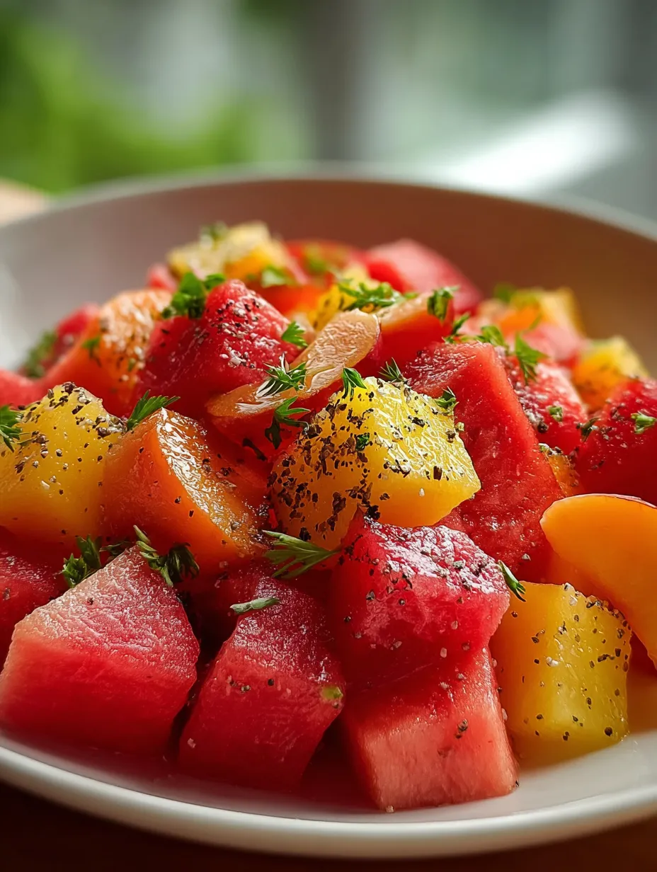 A bowl piled with sliced watermelon and black seeds.