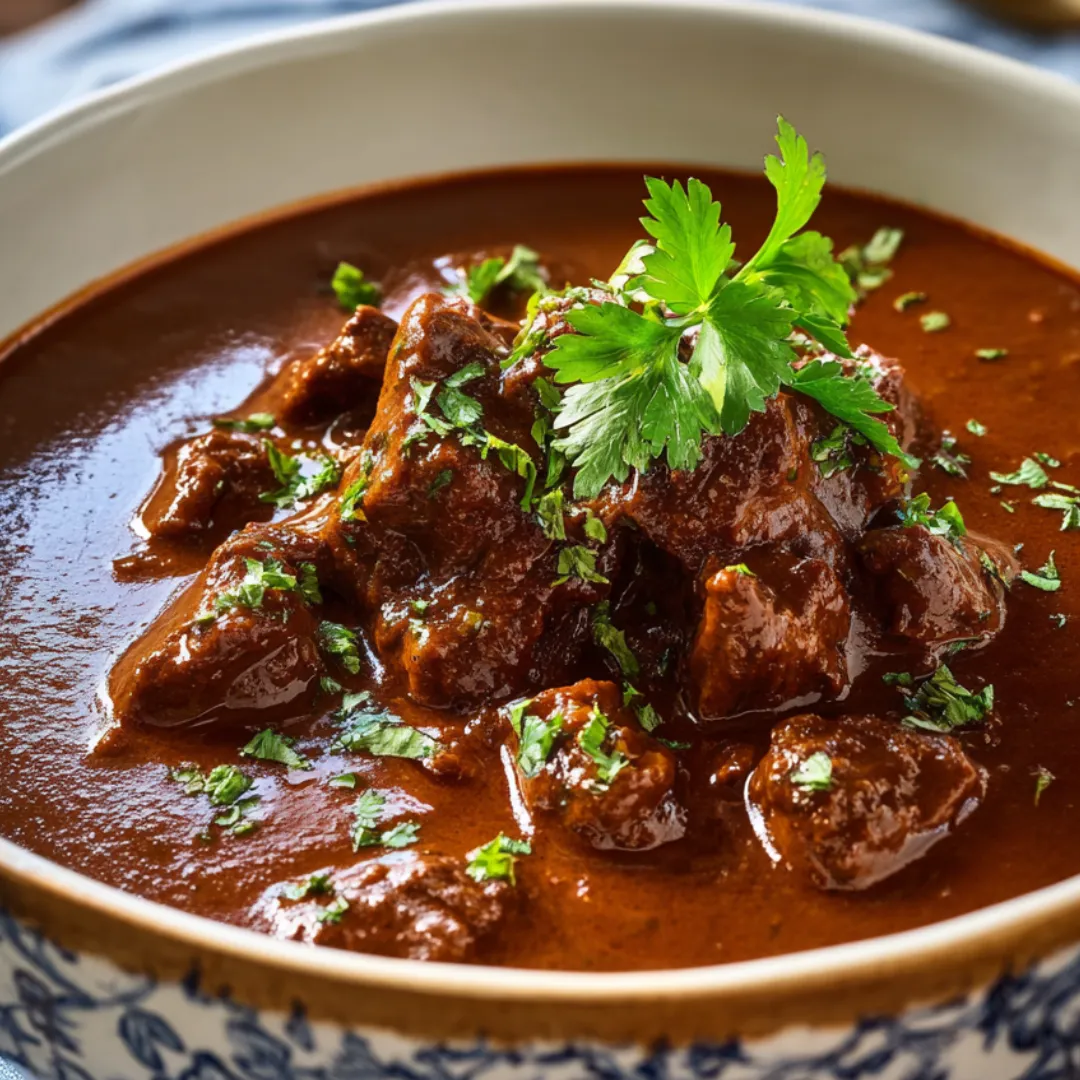 Bowl filled with beef in sauce and fresh herbs on top.