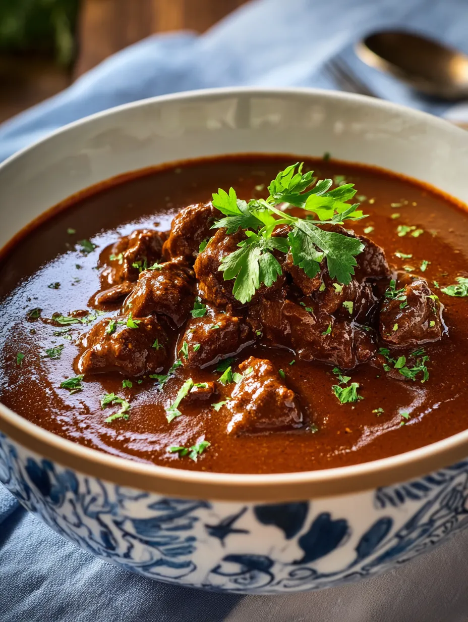 A bowl of beef stew with green herbs on top.