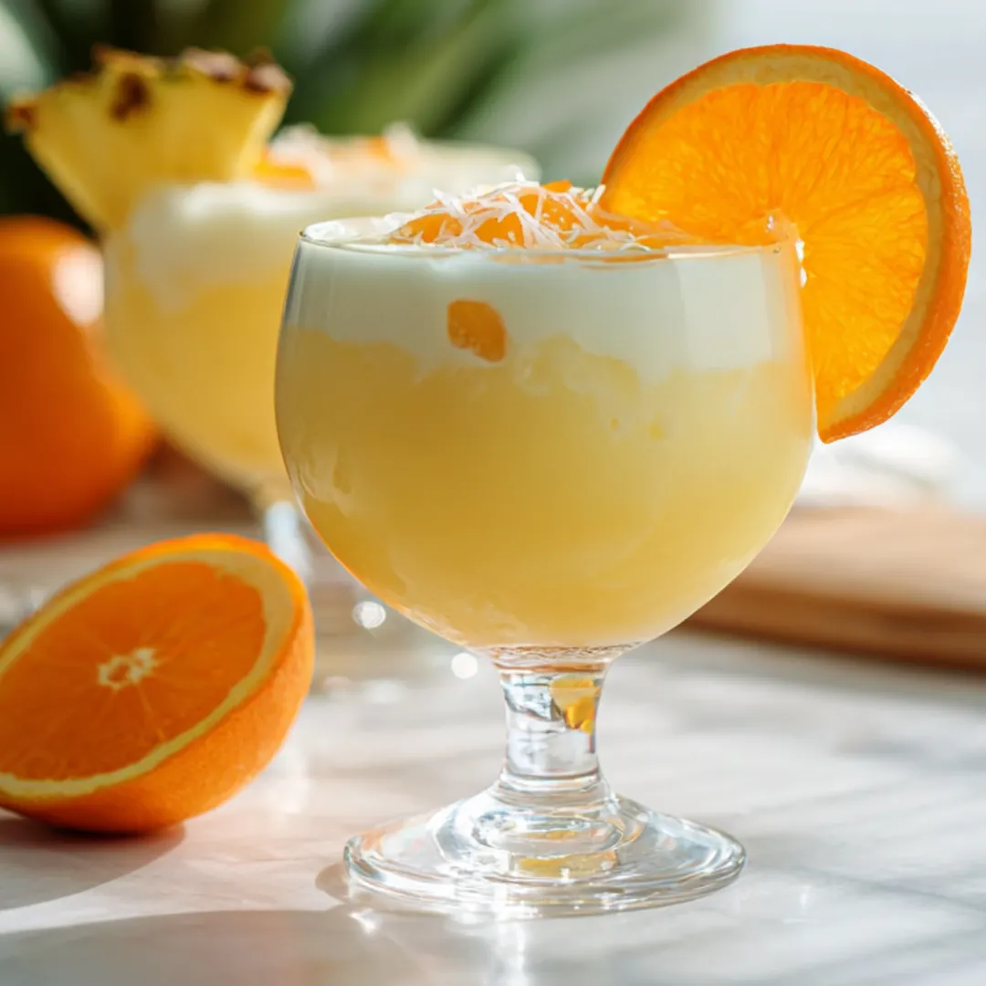 A glass filled with orange-pineapple-coconut drink and an orange slice sitting on the rim.