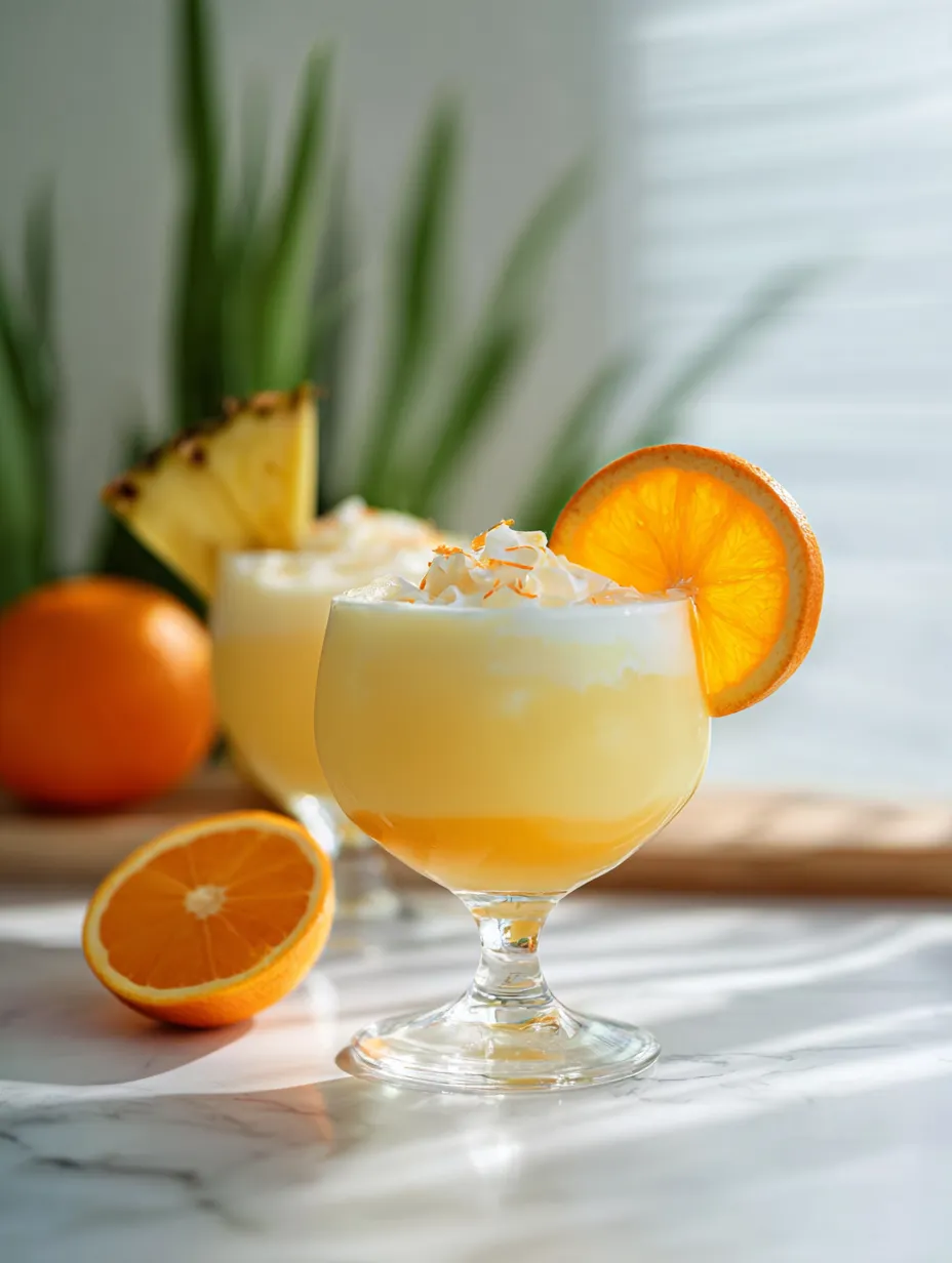 Two orange drinks in glasses, each with an orange slice inside.