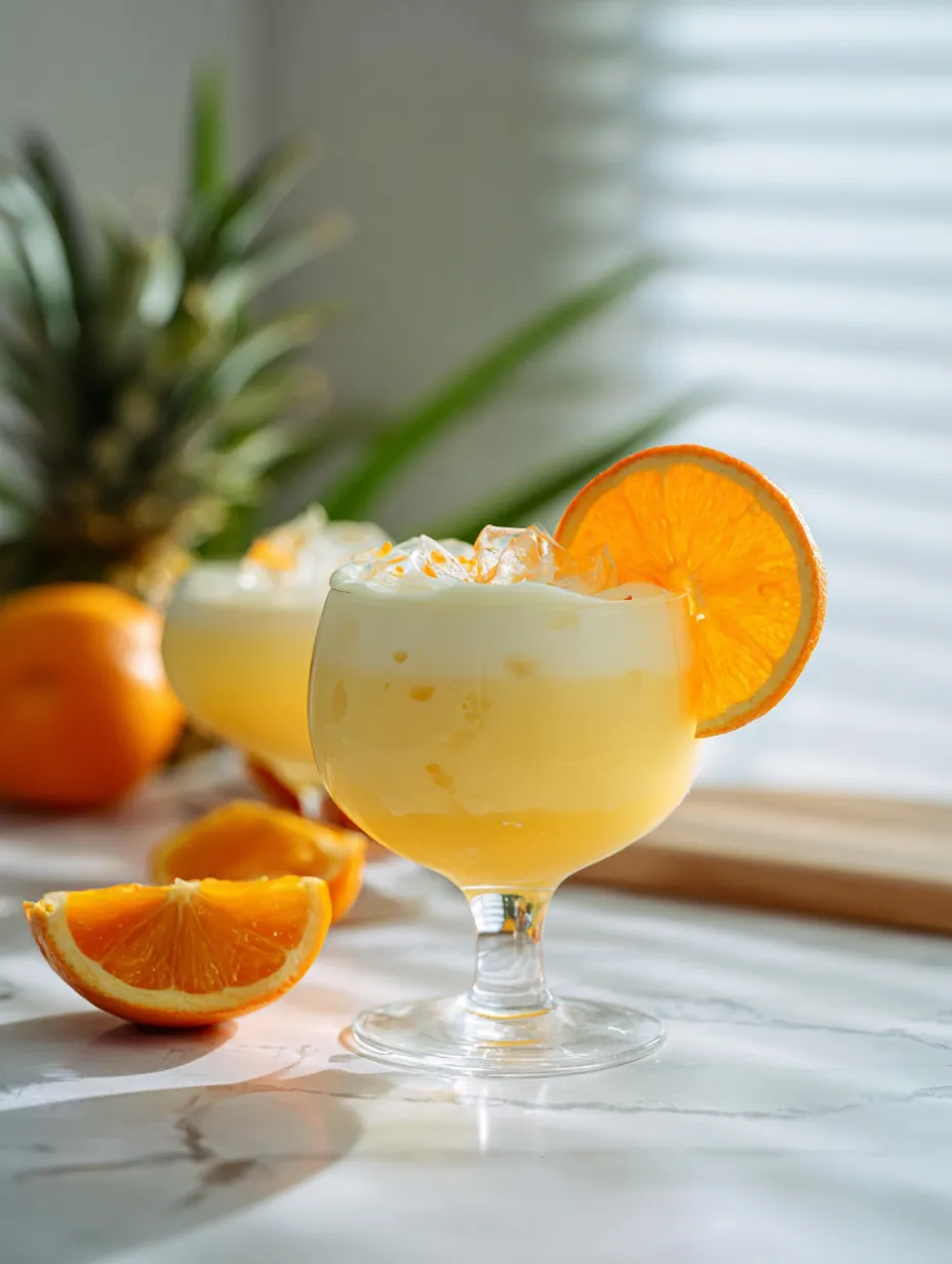 A glass filled with orange juice and garnished with an orange slice on the rim.
