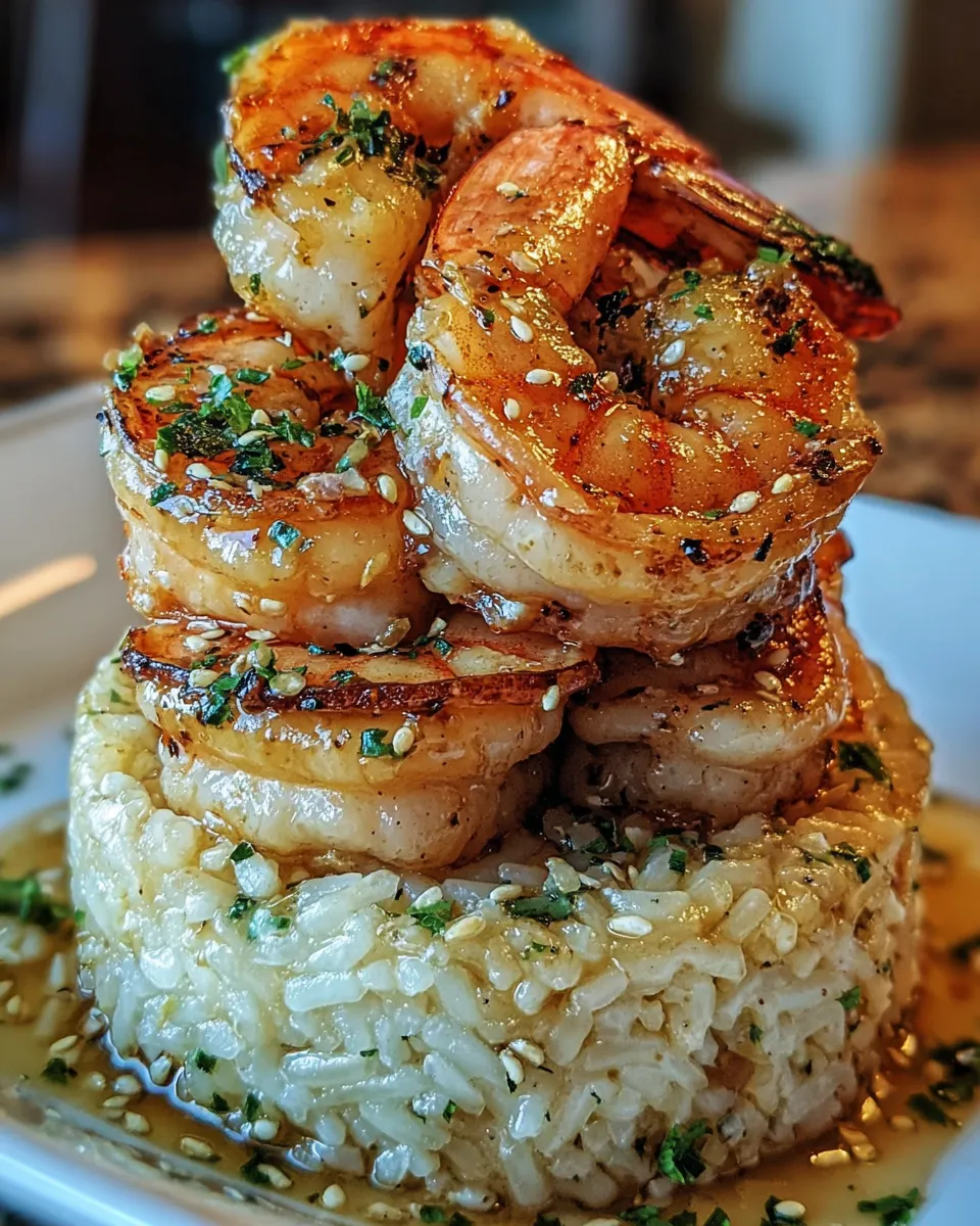 A stack of shrimp on rice.