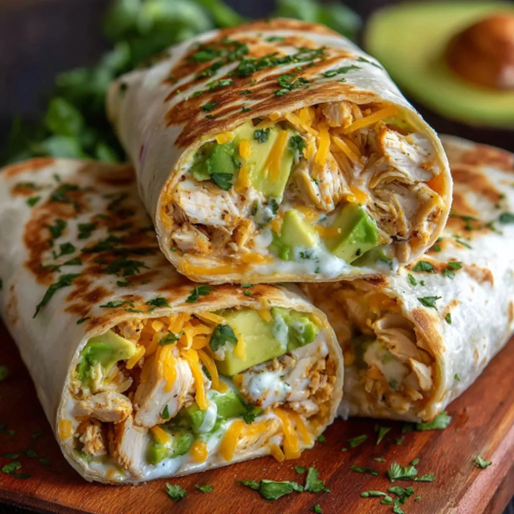 A chicken burrito with cheese and avocado.