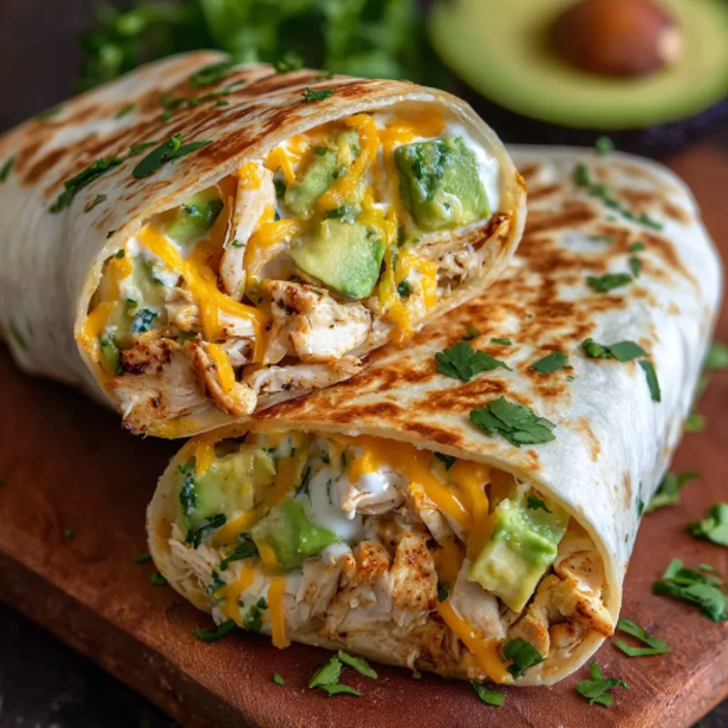 A burrito with chicken and cheese.