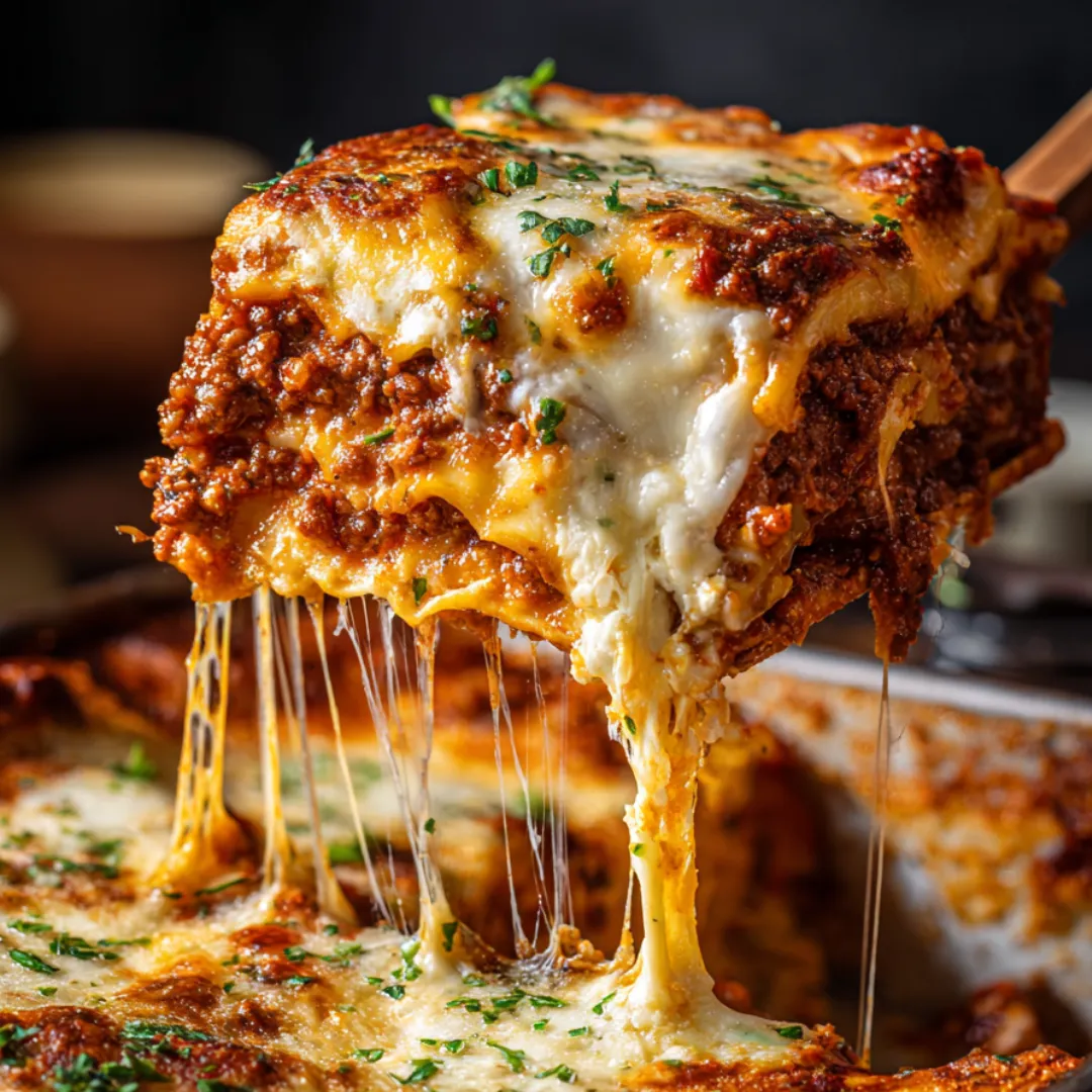 Cheesy baked beef slice topped with herbs and sauce.