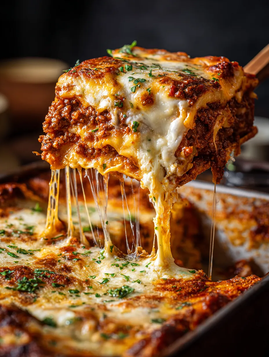 Layered cheesy casserole slice with fresh herbs.