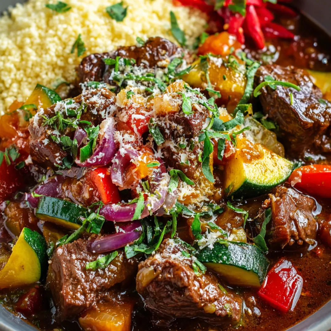 A bowl full of beef and vegetables.