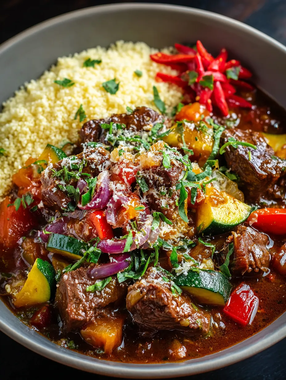 A bowl of food with meat, vegetables, and spices.
