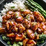 A dish featuring chicken and rice with broccoli alongside.