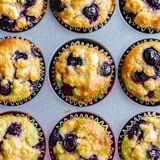 Blueberry muffins in a tin.