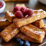 A stack of French toast with raspberries on top.