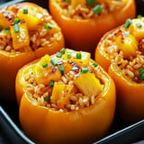 A dish of food with peppers and rice.