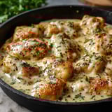 A pan of chicken with cheese and herbs.