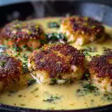 A bowl of food with a green sauce.