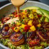 Shrimp and Avocado Bowls with Mango Salsa and Lime Chili Sauce.