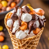 A chocolate covered ice cream cone with marshmallows and peanuts.