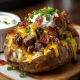 Close shot of a potato stuffed with melty cheese and crispy bacon.