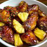 A bowl filled with chicken wings and chunks of pineapple.