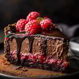 A slice of chocolate cheesecake covered in fresh raspberries.