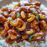 Bowl piled with chicken and rice.