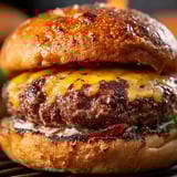 Burger piled with bacon and cheddar cheese, ready to bite into.