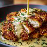 A plate stacked with juicy chicken and creamy sauce.