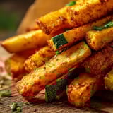 A pile of fried zucchini on a wooden table.