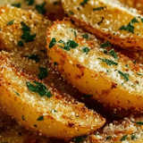 Close view of a golden, seasoned potato wedge.