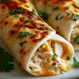Two chicken burritos on a plate.