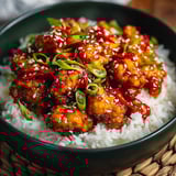 Chicken in a bowl with rice.
