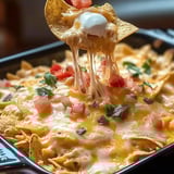 Bowl packed with cheesy nachos and chopped tomatoes on top.