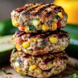 A pile of juicy patties with fresh veggies on top.