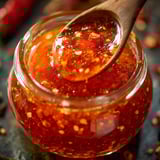 A wooden spoon dips into bright red pepper jelly inside a jar.
