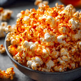 A spoon inside a bowl filled with popcorn.