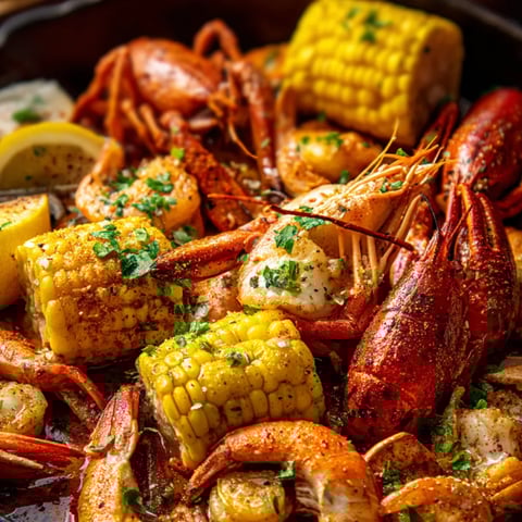 A bowl of seafood with corn and lemon.