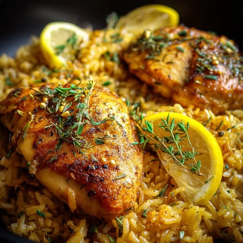 A bowl of rice with chicken and lemon wedges.
