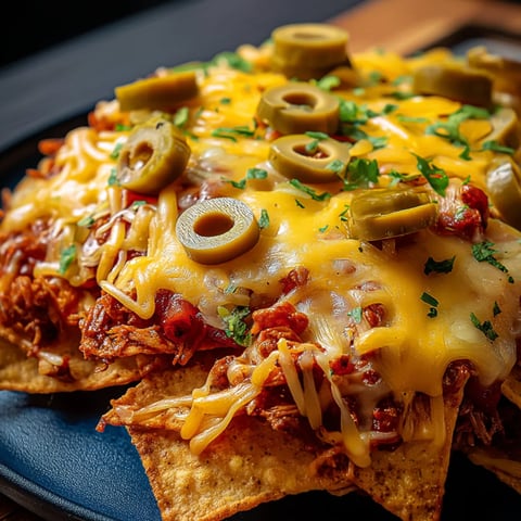 A plate of nachos with olives on top.
