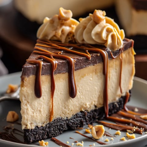 A slice of cheesecake with caramel drizzle.
