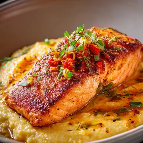 A piece of salmon with peppers on top.