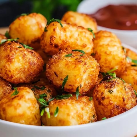 A bowl of tater tots with a dipping sauce.