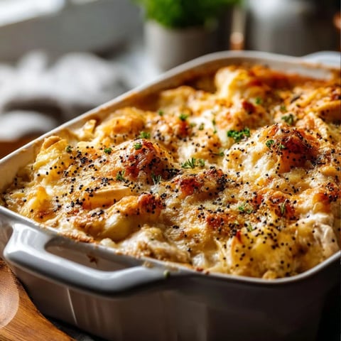 A casserole dish filled with food.