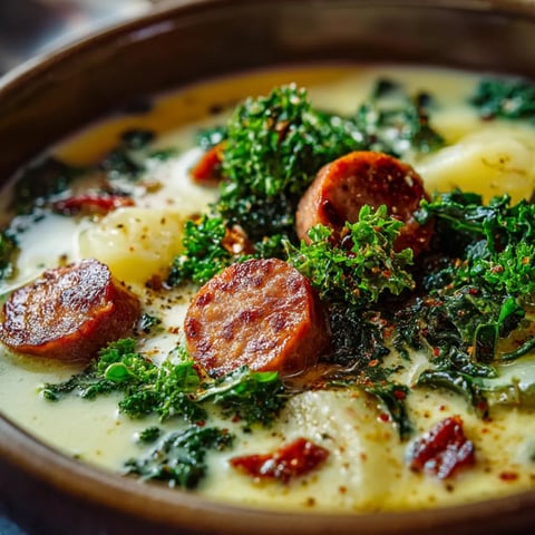 A bowl of soup with sausage and broccoli.