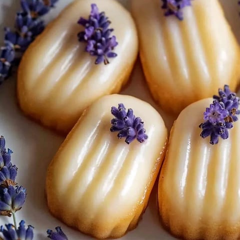 Three small pastries with purple flowers on top.